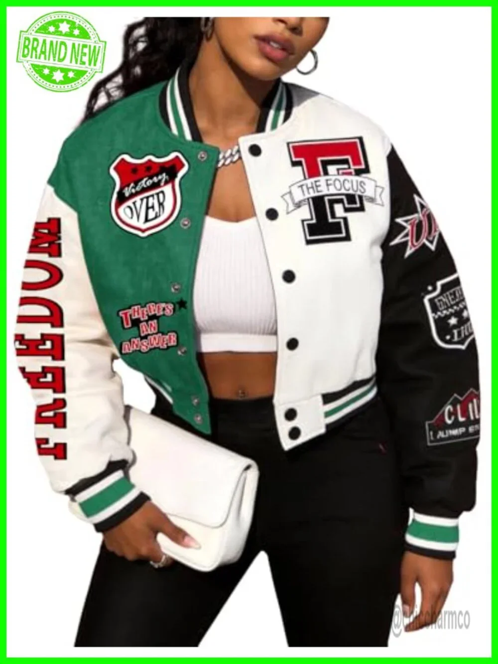 Cropped Varsity Jacket Colorblock Baseball Streetwear Cotton Blend Zip Up